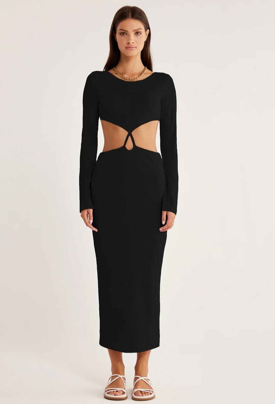 RUMER The Label Oasis Black Cut Out Ribbed Long Sleeve Midi Dress XS NWT Revolve